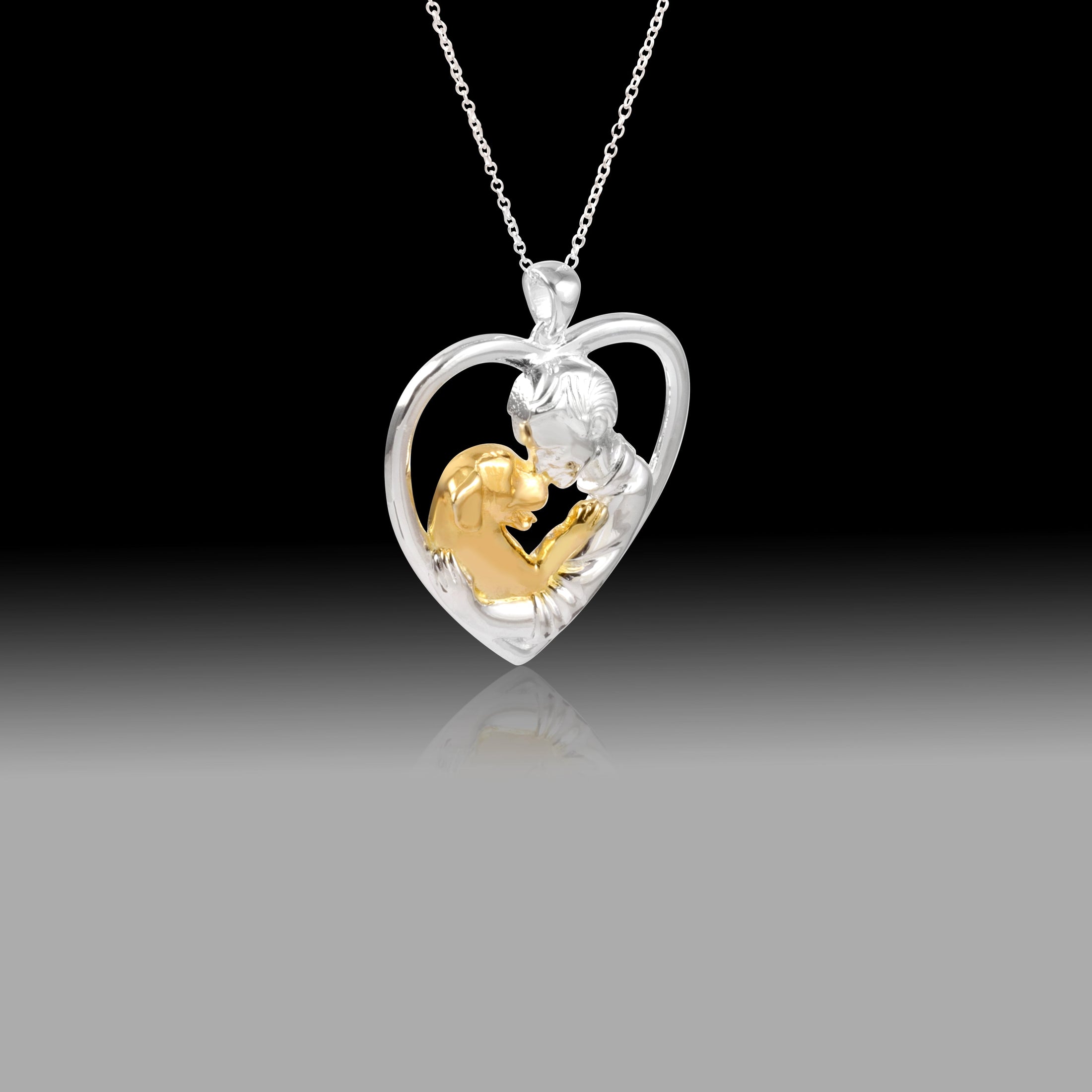 Boy and Dog Necklace- 925 Sterling Silver Two Tone Piece