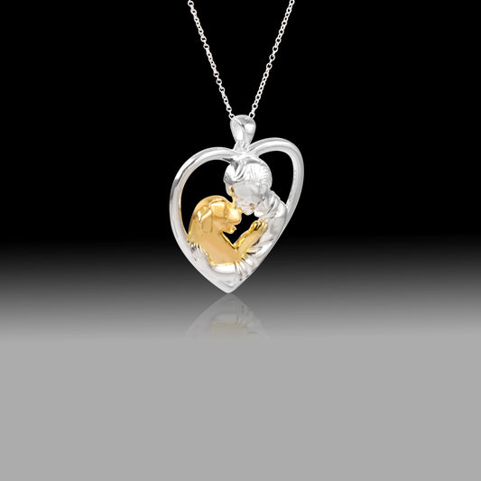 Boy and Dog Necklace- 925 Sterling Silver Two Tone Piece