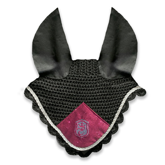 Southlake Paws Raspberry Fizz Fly Hat features a black crocheted design with large ears and a sparkly maroon patch.
