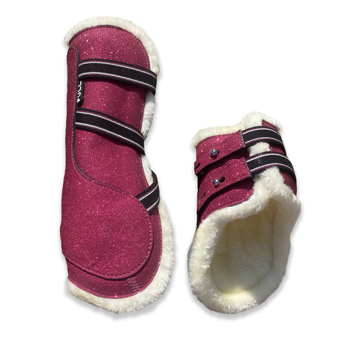 Southlake Paws Raspberry Fizz Open-front Boots in sparkly pink with white fur lining and adjustable straps.