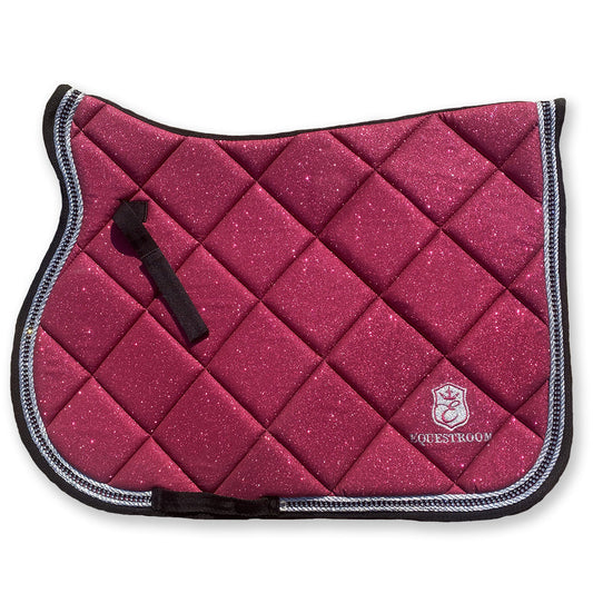 Raspberry Fizz Saddle Pad by Southlake Paws, featuring a quilted design with sparkly fabric and a black trim.