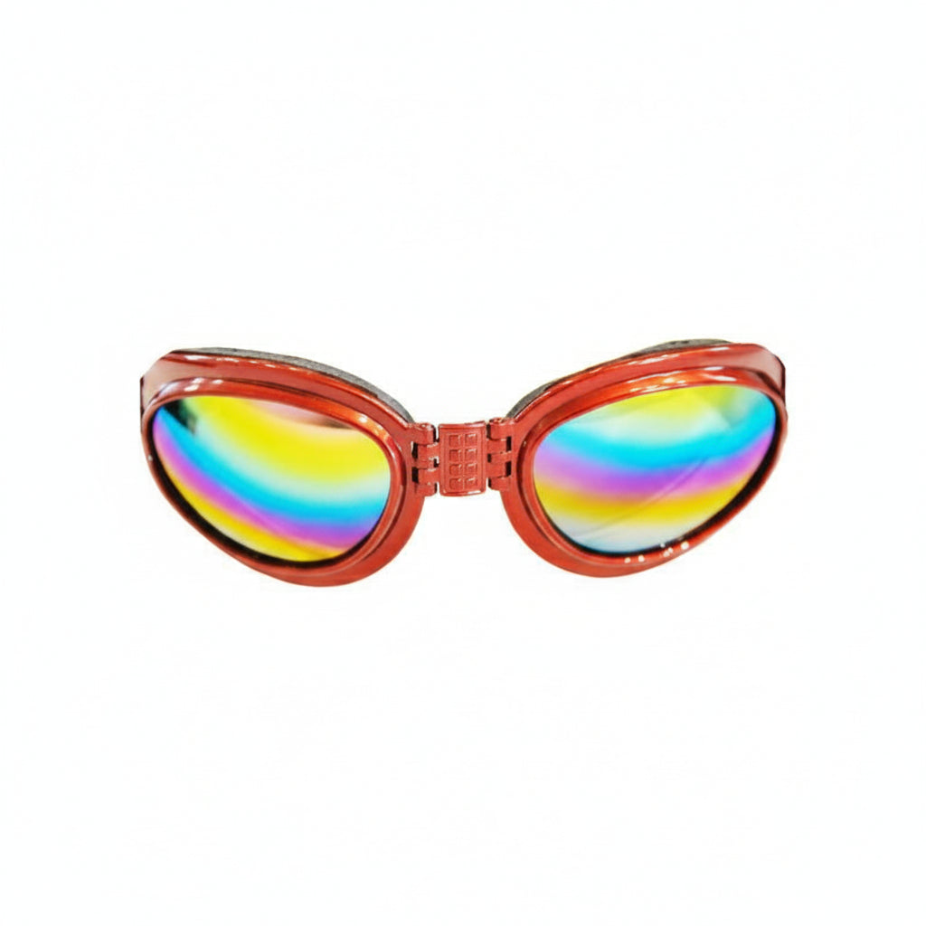 K9 Sport Shades by Southlake Paws, featuring colorful mirrored lenses and a red frame designed for dogs.