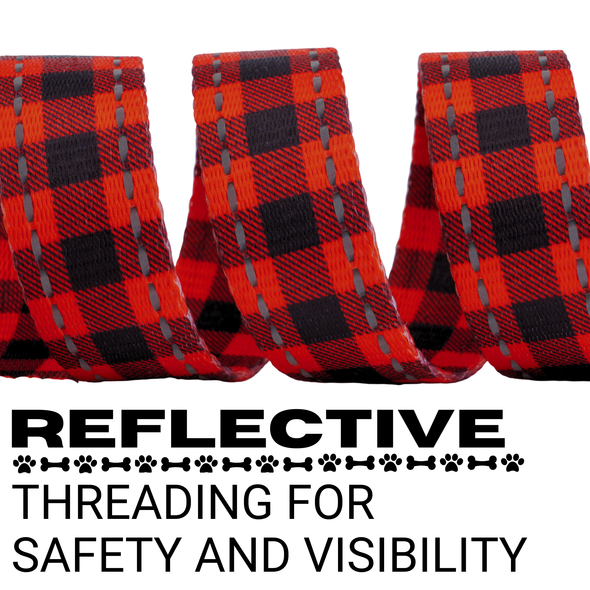 Red plaid dog leash by EcoBark featuring padded comfort grip and reflective threading for safety, available in multiple lengt