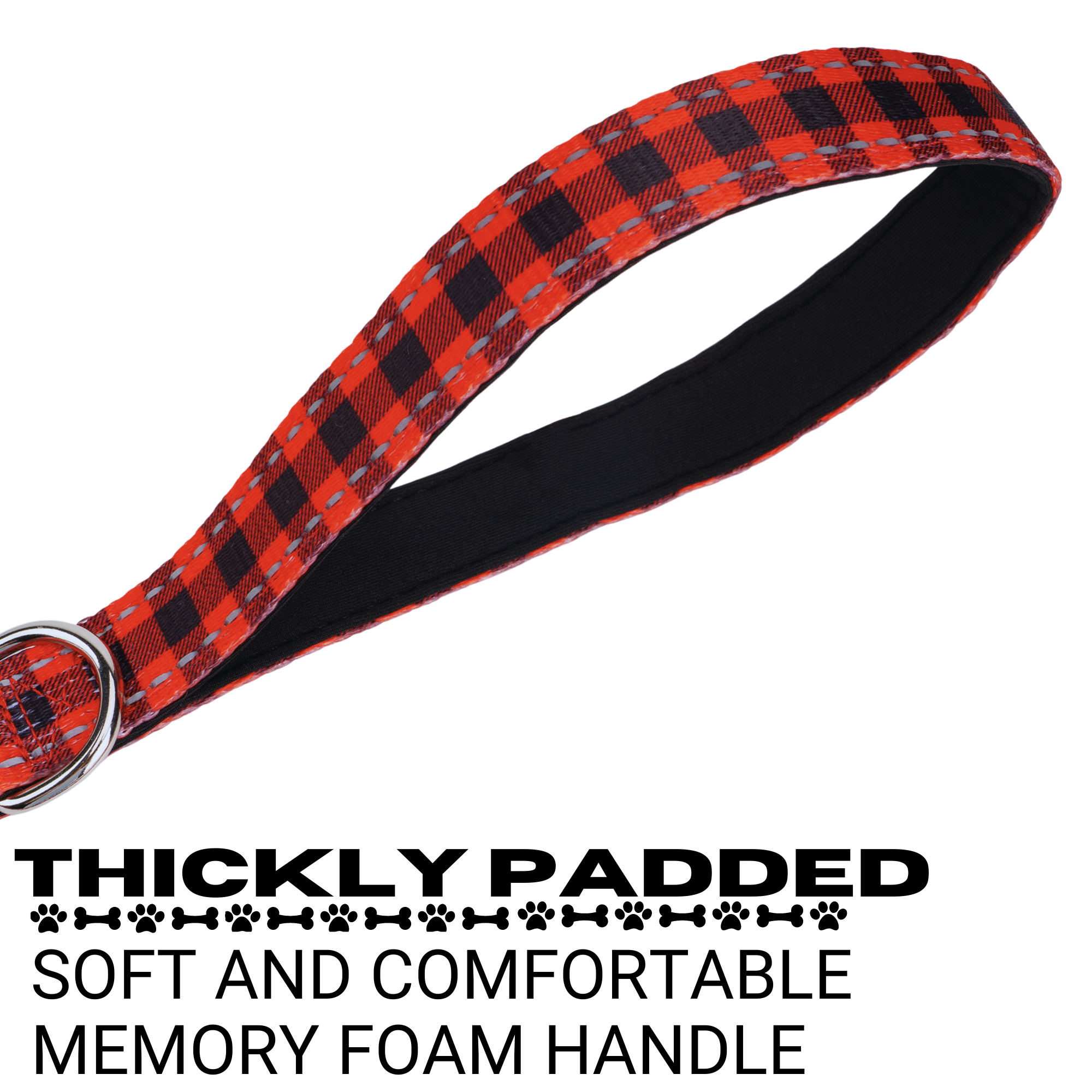 Red plaid dog leash by EcoBark featuring a thickly padded memory foam handle for comfort, available in multiple lengths.