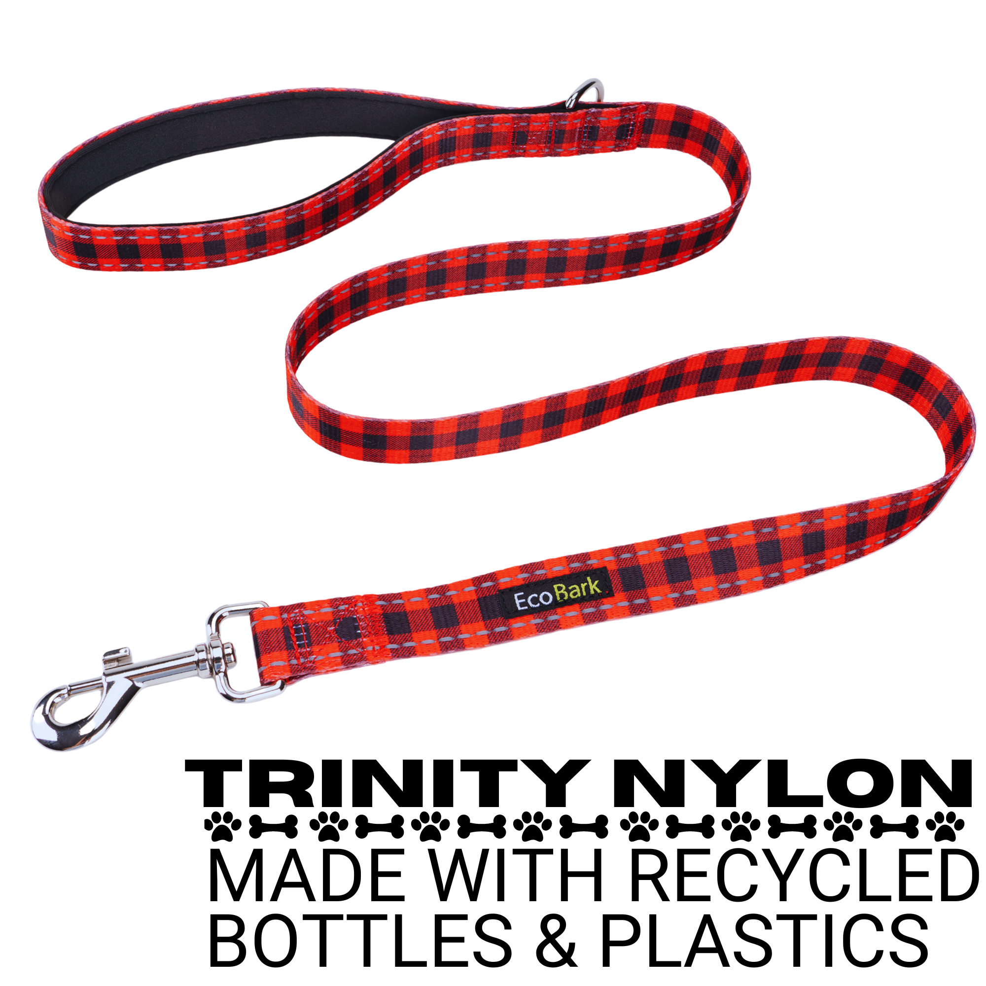 Red plaid dog leash by EcoBark, featuring a padded comfort grip and made from recycled materials, available in 4ft, 5ft, and 