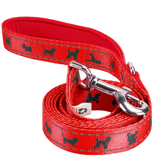 EcoBark Cherry Red Dog Leash by Southlake Paws features a padded grip and dog pattern, available in 4 ft, 5 ft, and 6 ft leng