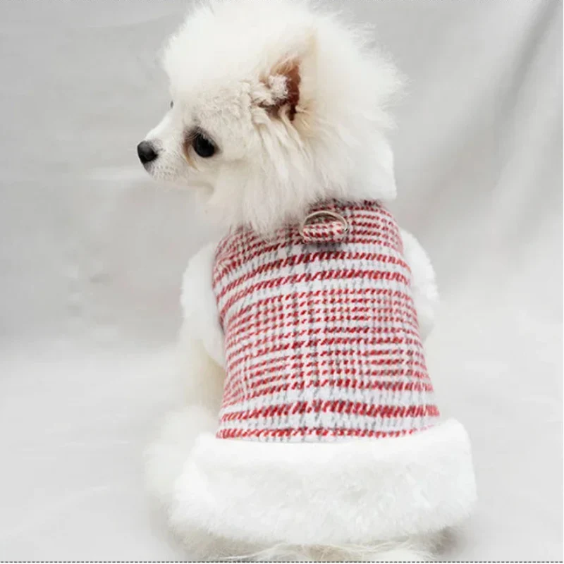 Winter Fleece-Lined Check Dog Harness Dress Coat