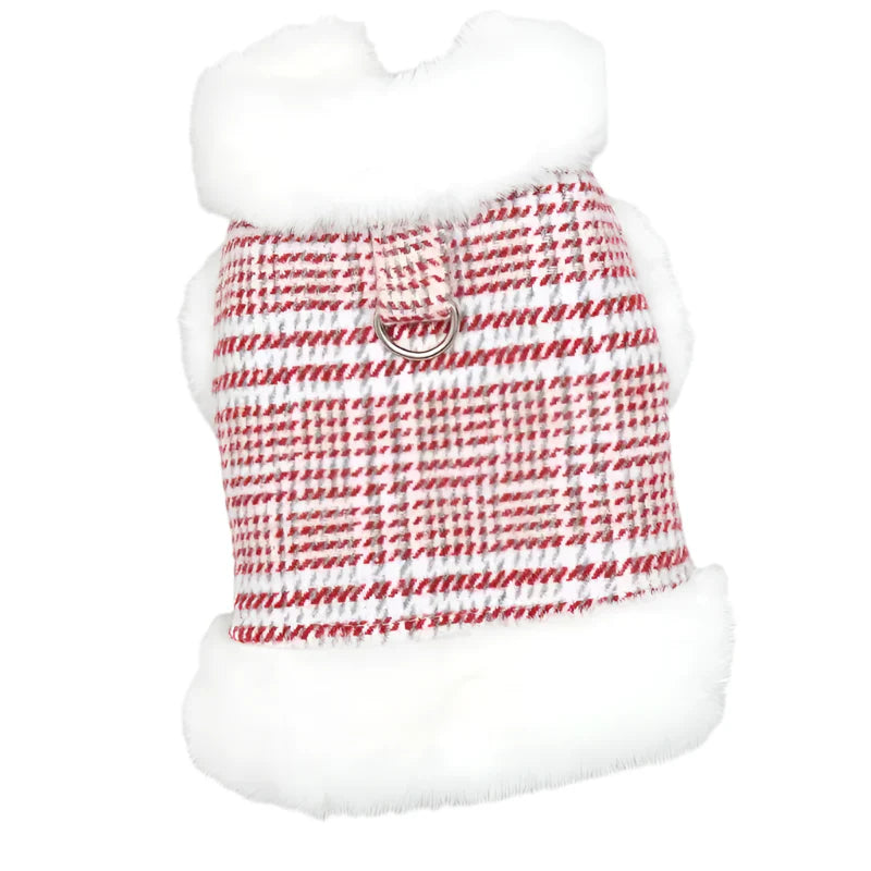 Winter Fleece-Lined Check Dog Harness Dress Coat