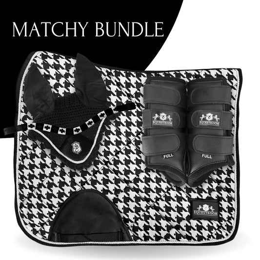 Southlake Paws B&W Herringbone Saddle Pad Set featuring a saddle pad, ear bonnet, and matching boots in black and white.