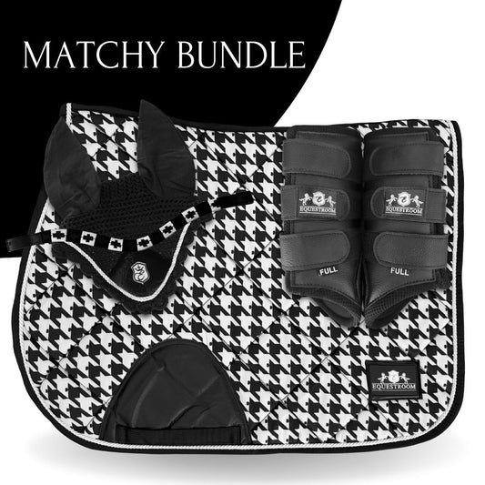 Southlake Paws B&W Herringbone Saddle Pad Set featuring a saddle pad, ear bonnet, and matching boots in a black and white pat