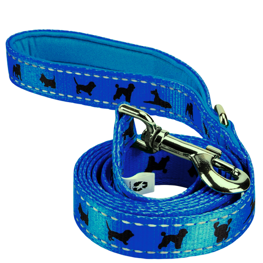 EcoBark Royal Blue Dog Leash by Southlake Paws, featuring a padded grip and dog silhouette design, available in 4ft, 5ft, and