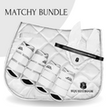 Load image into Gallery viewer, Southlake Paws B&W White Saddle Pad Set featuring a quilted saddle pad, matching boots, and ear bonnet in a cohesive design.
