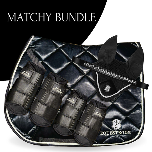 Black Saddle Pad Set by Southlake Paws featuring a quilted saddle pad, matching boots, and ear bonnet. Elegant and coordinate
