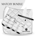 Load image into Gallery viewer, White saddle pad set from Southlake Paws, featuring a quilted design, matching bandages, ear bonnet, and decorative details.
