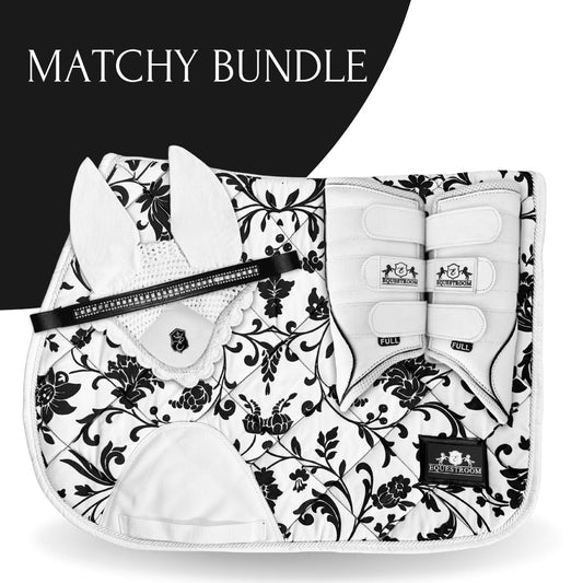 Southlake Paws B&W Floral Saddle Pad Set featuring a floral-patterned saddle pad, matching ear bonnet, and protective boots.