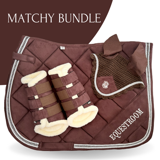 Southlake Paws Spiced Cocoa Saddle Pad Set featuring a quilted saddle pad, matching boots, and ear bonnet in rich cocoa color