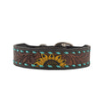 Load image into Gallery viewer, Brown leather dog collar with sunflower design and turquoise stitching on a white background
