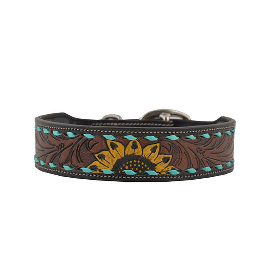 Brown leather dog collar with sunflower design and turquoise stitching on a white background