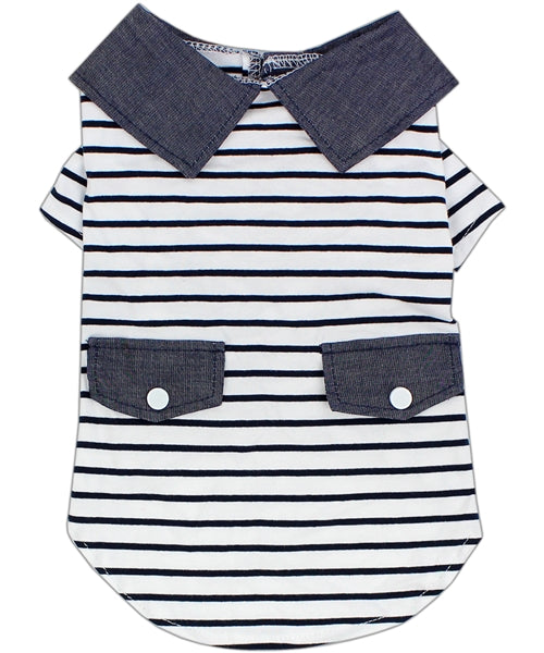Parisian Pet 'Preppy Boy Polo' Dog & Cat T-Shirt – Trendy Cotton Polo Shirt, Comfortable & Lightweight, Blue White Stripes-Valentine's Day