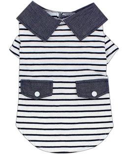 Parisian Pet 'Preppy Boy Polo' Dog & Cat T-Shirt – Trendy Cotton Polo Shirt, Comfortable & Lightweight, Blue White Stripes-Valentine's Day