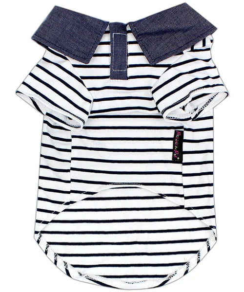 Parisian Pet 'Preppy Boy Polo' Dog & Cat T-Shirt – Trendy Cotton Polo Shirt, Comfortable & Lightweight, Blue White Stripes-Valentine's Day