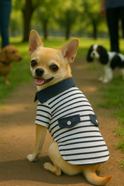Parisian Pet 'Preppy Boy Polo' Dog & Cat T-Shirt – Trendy Cotton Polo Shirt, Comfortable & Lightweight, Blue White Stripes-Valentine's Day