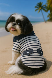 Parisian Pet 'Preppy Boy Polo' Dog & Cat T-Shirt – Trendy Cotton Polo Shirt, Comfortable & Lightweight, Blue White Stripes-Valentine's Day