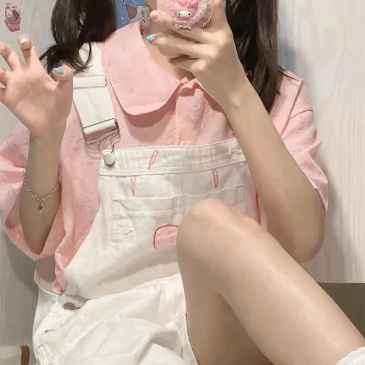 Pink Shirt and White Overalls Oufit 