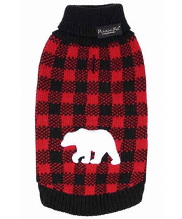Parisian Pet 'Buffalo Checkered Sweater - Polar Bear' for Dogs and Cats - Cozy Winter Wear with Adorable Polar Bear Design Red and Black