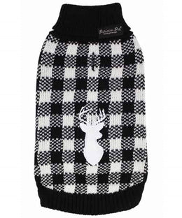 Parisian Pet 'Buffalo Checkered Sweater - Deer' for Dogs and Cats - Cozy, Stylish Winter Apparel in Classic White and Black