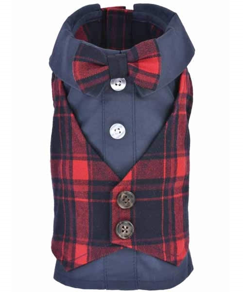Parisian Pet 'Scottish Pleated Tuxedo Red/Blue Plaid' for Dogs & Cats, Stylish Pet Party Tuxedo, Christmas Pet Tuxedo