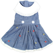 Parisian Pet 'Prairie Dress' for Dogs and Cats, Floral Design, Comfortable Lightweight Outfit, Denim & White