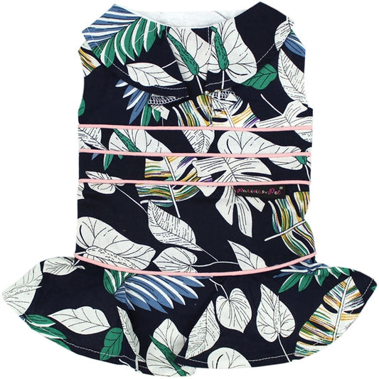 Parisian Pet 'Palm Leaves Dress' Dog & Cat T-Shirt – Comfortable Stylish Summer Dog Dress – Green, White