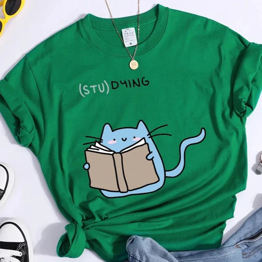 "(STU)DYING" Cat Graphic T-Shirt 