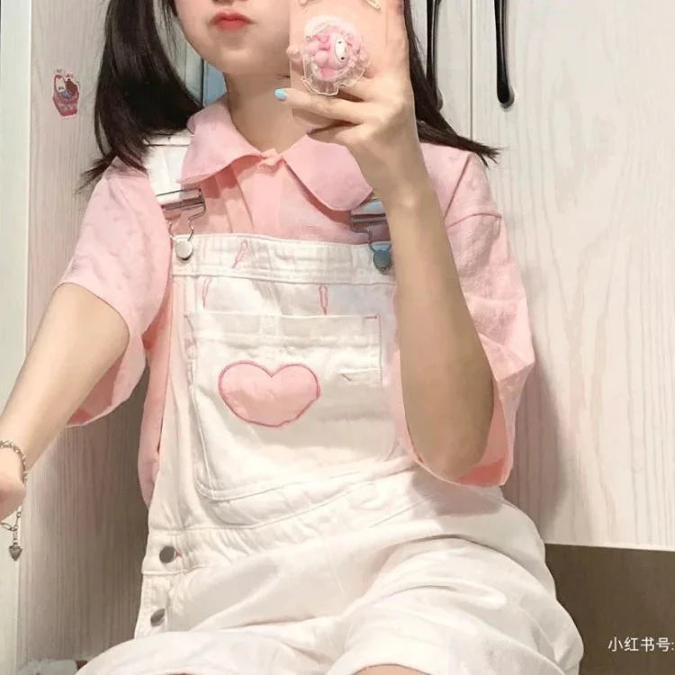 Pink Shirt and White Overalls Oufit 