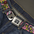 Load image into Gallery viewer, BD Wings Logo CLOSE-UP Full Color Black Silver Seatbelt Belt - Born to Raise Hell Pink Webbing

