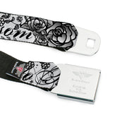 BD Wings Logo CLOSE-UP Full Color Black Silver Seatbelt Belt - Born to Blossom Black/White Webbing