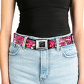 Load image into Gallery viewer, BD Wings Logo CLOSE-UP Full Color Black Silver Seatbelt Belt - Born to Blossom CLOSE-UP White Webbing
