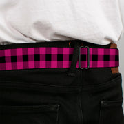 BD Wings Logo CLOSE-UP Full Color Black Silver Seatbelt Belt - Buffalo Plaid Black/Fuchsia Webbing