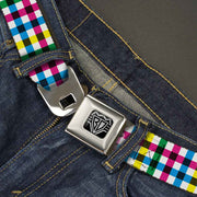 BD Wings Logo CLOSE-UP Full Color Black Silver Seatbelt Belt - Buffalo Plaid White/Multi Color Webbing