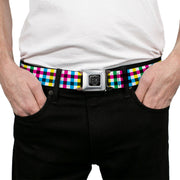 BD Wings Logo CLOSE-UP Full Color Black Silver Seatbelt Belt - Buffalo Plaid White/Multi Color Webbing
