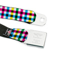 Load image into Gallery viewer, BD Wings Logo CLOSE-UP Full Color Black Silver Seatbelt Belt - Buffalo Plaid White/Multi Color Webbing

