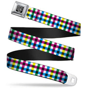 BD Wings Logo CLOSE-UP Full Color Black Silver Seatbelt Belt - Buffalo Plaid White/Multi Color Webbing