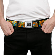 BD Wings Logo CLOSE-UP Full Color Black Silver Seatbelt Belt - Hibiscus Collage Blue/Orange/Yellow Webbing