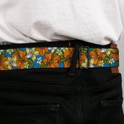 BD Wings Logo CLOSE-UP Full Color Black Silver Seatbelt Belt - Hibiscus Collage Blue/Orange/Yellow Webbing