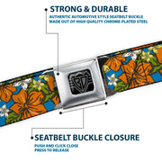 BD Wings Logo CLOSE-UP Full Color Black Silver Seatbelt Belt - Hibiscus Collage Blue/Orange/Yellow Webbing