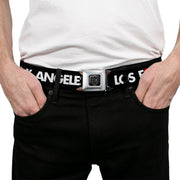 BD Wings Logo CLOSE-UP Full Color Black Silver Seatbelt Belt - LOS F*CKIN' ANGELES Heart Black/White/Red Webbing