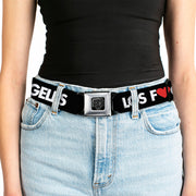 BD Wings Logo CLOSE-UP Full Color Black Silver Seatbelt Belt - LOS F*CKIN' ANGELES Heart Black/White/Red Webbing