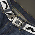 Load image into Gallery viewer, BD Wings Logo CLOSE-UP Full Color Black Silver Seatbelt Belt - Mustaches Straight White/Black Webbing
