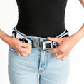 Load image into Gallery viewer, BD Wings Logo CLOSE-UP Full Color Black Silver Seatbelt Belt - Mustaches Straight White/Black Webbing
